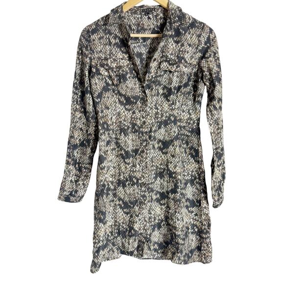 Theory Black Snakeskin Print 100% Silk Long Sleeve Mini Shirt Dress Size 0 - Picture 1 of 10